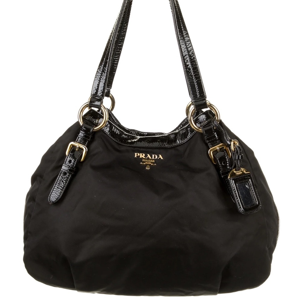 Prada Patent-Trimmed Tessuto Shoulder Bag in black w gold and silver hardware